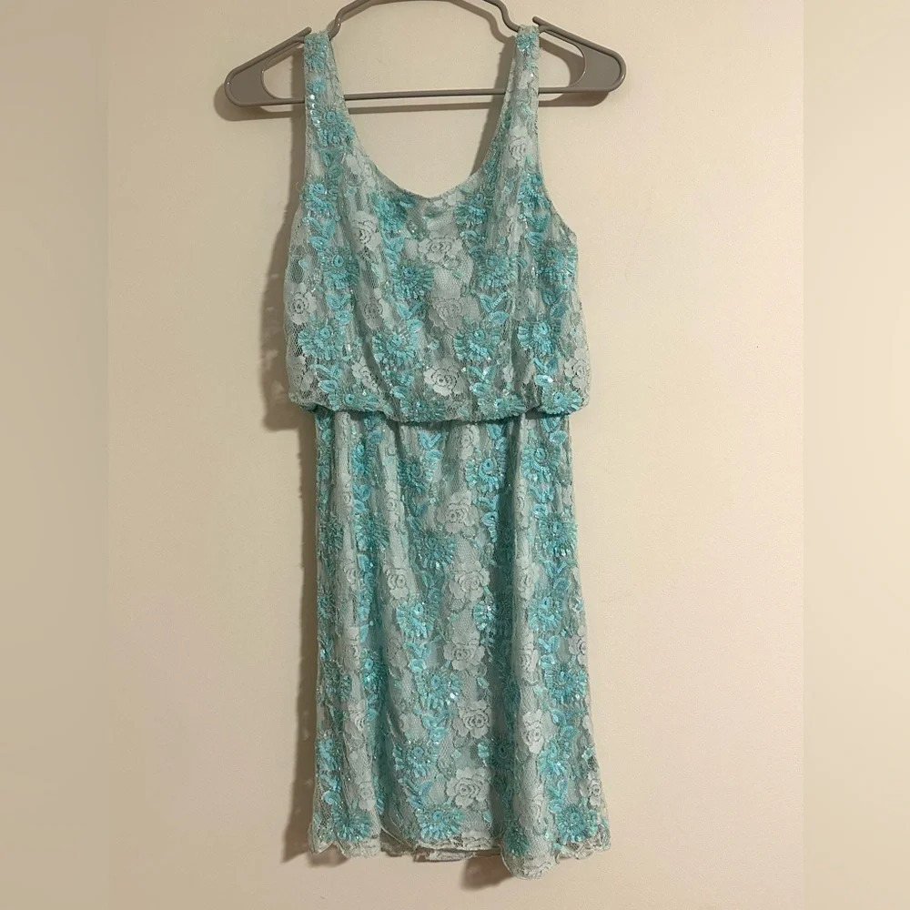 Alice + Olivia Sequin beaded turquoise aqua mini floral beaded lace dress